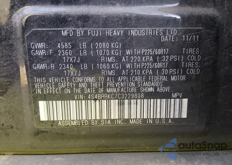 2012 Subaru Outback 2.5I Limited z USA, uszkodzony, nr VIN 4S4BRBKC7C3229808